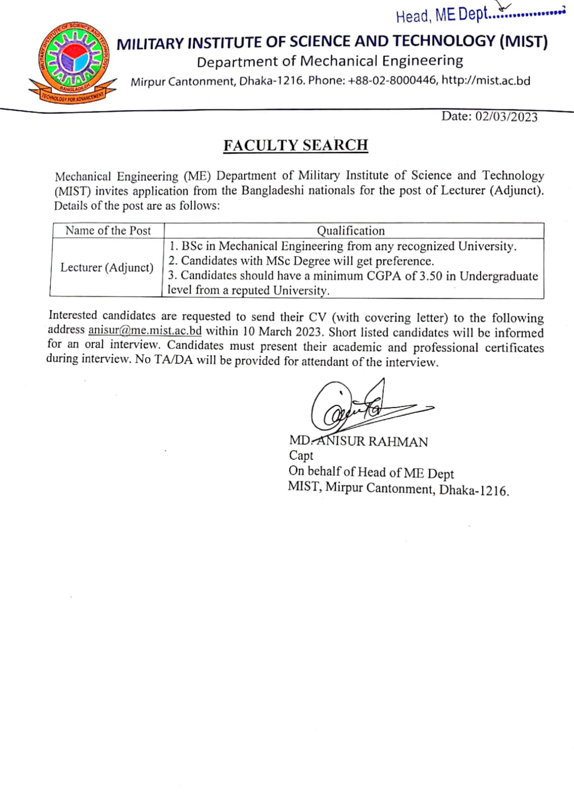 Faculty Recruitment Circular at Mechanical Engineering Department